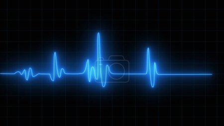 Foto de Fondo de ilustración azul de la pantalla del osciloscopio cardiográfico cardiográfico. Monitoreo de emergencia. Pulso cardíaco de neón brillante azul. Latido. Electrocardiograma - Imagen libre de derechos