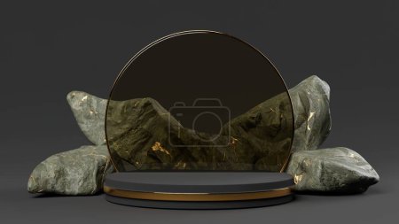 Luxury gold rocks podium mock up, glass round frame with golden ring on a dark background, 3d render