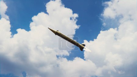 Misil volando en el cielo, cohete militar de largo alcance, renderizado 3d