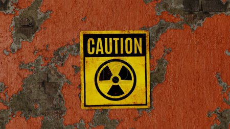 Foto de Signo de radiactividad - precaución, en una pared de ladrillo pelado pintado de naranja, 3d render - Imagen libre de derechos