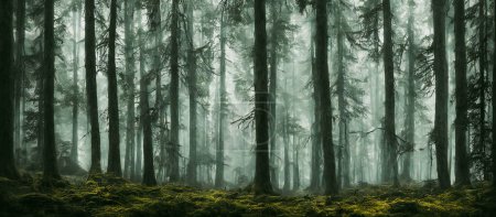 Téléchargez les photos : Forêt sombre dramatique et effrayante avec des buissons verts, rendu 3D - en image libre de droit