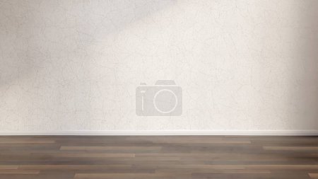 Empty room with grey textures stucco wall and dark wood floor, 3d render