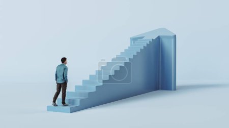 Téléchargez les photos : Un homme monte les escaliers avec une flèche, la croissance du concept d'entreprise, le chemin du succès, rendu 3D - en image libre de droit