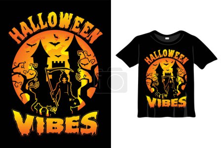 Illustration for Halloween Vibes T-Shirt Design Template. Halloween T-Shirt with Pumpkin, Night, Moon, Witch, and Night background T-Shirt for print - Royalty Free Image