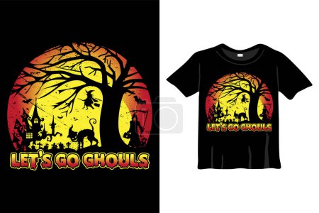 Téléchargez les illustrations : Allons Ghouls T-Shirt Design Template. T-shirt Halloween avec Nuit, Lune, Sorcière. Fond de nuit T-Shirt pour imprimer - en licence libre de droit