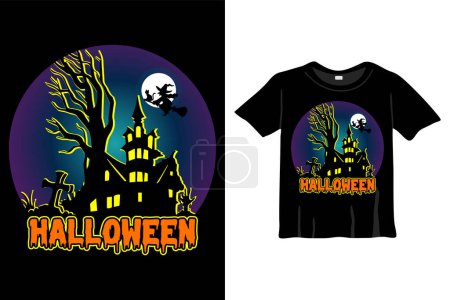 Téléchargez les illustrations : Modèle de conception de T-shirt d'Halloween. T-shirt Halloween avec Nuit, Lune, Sorcière. Fond de nuit T-Shirt pour imprimer - en licence libre de droit