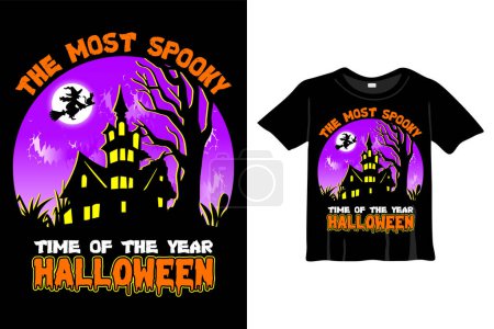 Téléchargez les illustrations : Le moment le plus effrayant de l'année Halloween - T-Shirt Design Template. T-shirt Halloween avec Nuit, Lune, Sorcière. Fond de nuit T-Shirt pour imprimer - en licence libre de droit