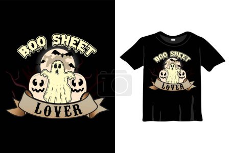 Ilustración de Boo Sheet Lover - Plantilla de diseño de camisetas de Halloween. Noche, Luna, Bruja, Máscara. Camiseta de fondo nocturno para imprimir - Imagen libre de derechos
