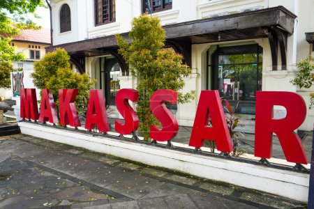 Photo for Makassar, October 16, 2022: The words "Makassar" in front of the Makassar City Museum building in the City Hall area - Royalty Free Image