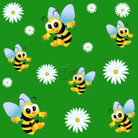 Téléchargez les illustrations : Motif vectoriel sans couture avec des abeilles mignonnes et des fleurs de printemps sur un beau fond vert juteux - en licence libre de droit