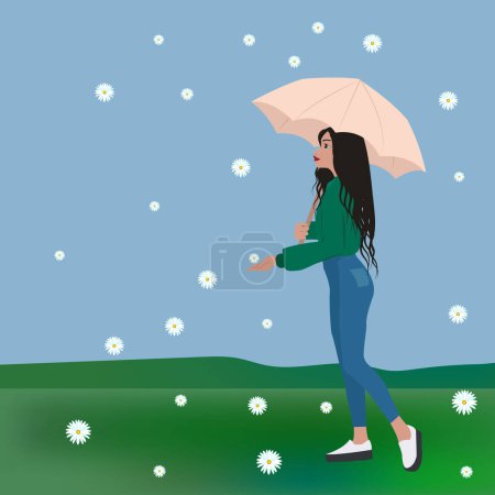 Vektor flache Illustration, Frühlingszeit junges Mädchen mit einem Regenschirm fängt Blumen mit ihren Händen