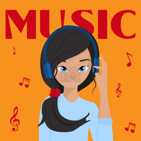 Illustration for Vector modern illustration of a cute young girl listening to her favorite music in headphones. Stylish type composition with music notes on a bright yellow background - Royalty Free Image