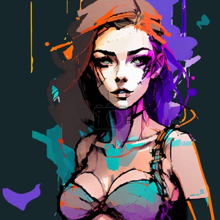 Ilustración de Ilustración vectorial en un estilo grunge moderno de una joven sexy sobre un fondo oscuro de salpicaduras multicolores de pintura - Imagen libre de derechos