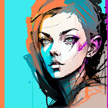 Ilustración de Ilustración vectorial en un estilo grunge moderno de una joven sexy sobre un fondo azul y naranja de salpicaduras multicolores de pintura - Imagen libre de derechos