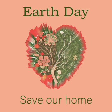 Vektorplakat zum internationalen Feiertag Earth Day, ein stilisiertes Herz mit Pflanzen und Blumen, ein soziales Banner zum Thema Ökologie mit dem Text Save our home