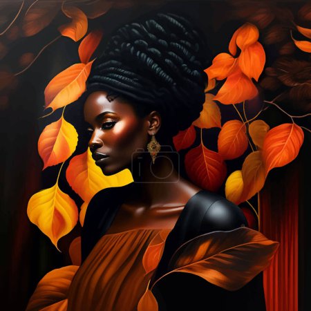 Illustration for Vector illustration portrait of a fictional African American woman in luxurious gold jewelry on a dark background with yellow leaves - Royalty Free Image
