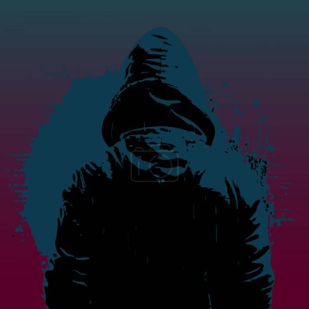 Vector graphics in line art style, illustration of the back of a young broad-shouldered man in an athletic hooded hoodie on an abstract background