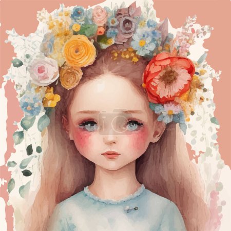 Ilustración vectorial en un estilo acuarela. Una chica ucraniana de pelo rubio con ojos azules y una corona de flores en la cabeza