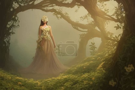 Ilustración de Hermosa chica posando en el bosque - Imagen libre de derechos