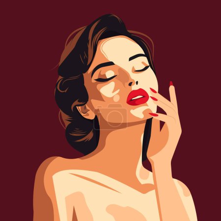 Illustration for Vector illustration, pretty young sexy brunette woman with red plump lips and naked shoulders touches her face with her fingers. All elements are isolated from each other. - Royalty Free Image