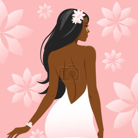 Vector illustration, young sexy african woman bride with long dark hair and flowers on her head. In a luxurious white wedding dress with bare back and shoulders.