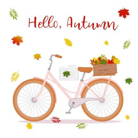 Téléchargez les illustrations : Illustration vectorielle, bonjour automne. Vélo avec un panier avec des feuilles jaunes. Modèle de bannière. - en licence libre de droit