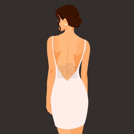 Vektor Mode Illustration im flachen Stil. Junge elegante Frau in modischem sexy Kleid mit nacktem Rücken und Schultern. Rückseite.