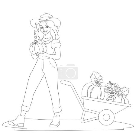 Illustration for Vector outline illustration developing coloring page young woman farmer and wheelbarrow with pumpkins and grapes. Autumn season. The concept of farming, growing vegetables and harvesting. - Royalty Free Image