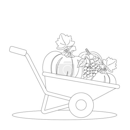 Illustration for Vector outline illustration developing coloring page wheelbarrow with pumpkins and grapes. Autumn season. The concept of farming, growing vegetables and harvesting. - Royalty Free Image