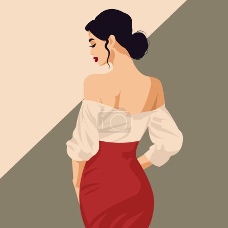 Illustration for Vector flat fashion illustration, young dark-haired woman with a beautiful figure posing in a stylish pink blouse with bare shoulders and a red skirt. - Royalty Free Image
