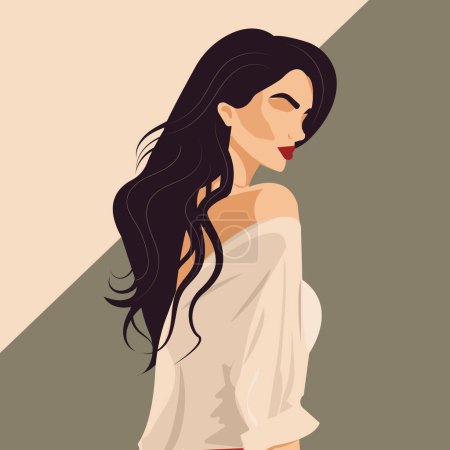 Illustration for Vector flat fashion illustration, young dark-haired woman with a beautiful figure posing in a stylish pink blouse with bare shoulders. - Royalty Free Image