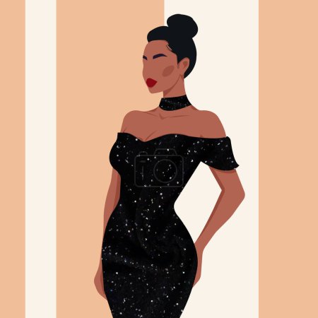Ilustración de Ilustración de moda vectorial, joven mujer sexy africana con una hermosa figura en un lujoso vestido negro con hombros desnudos. - Imagen libre de derechos