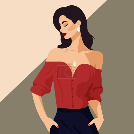 Ilustración de Ilustración de moda plana vectorial, joven mujer elegante de cabello oscuro con una hermosa figura posando en una elegante blusa roja con hombros desnudos. - Imagen libre de derechos
