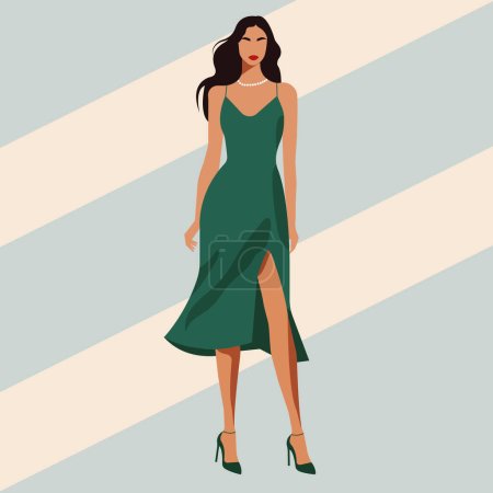 Vector flat fashion illustration, a young elegant woman with a beautiful figure in a stylish evening dress with bare shoulders and a slit.