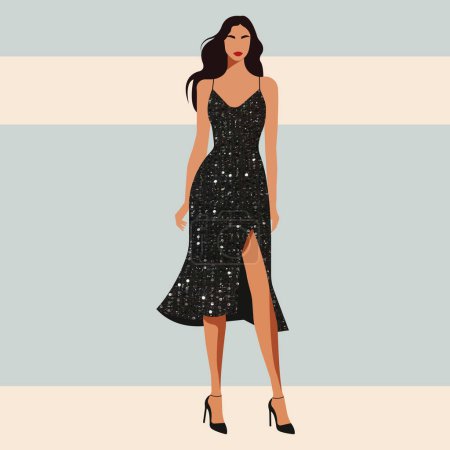 Ilustración de Ilustración de moda plana vectorial, mujer joven elegante con una hermosa figura en un lujoso vestido de noche brillante con hombros desnudos. - Imagen libre de derechos