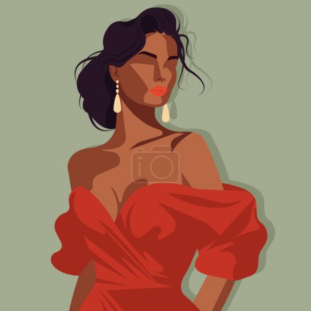 Ilustración de Ilustración de moda plana vectorial, joven mujer africana sexy con un elegante vestido rojo con hombros desnudos y un escote profundo. - Imagen libre de derechos