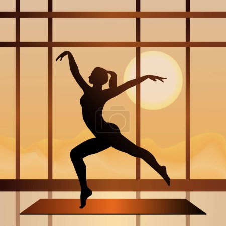 Illustration for Vector gradient illustration, an elegant young woman with a beautiful toned figure is engaged in fitness, yoga or dancing in a spacious room with panoramic windows overlooking the sunset. - Royalty Free Image