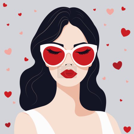Illustration for Vector flat illustration, young naive girl with closed eyes wearing pink glasses. The concept of ideologism and illusory perception. - Royalty Free Image