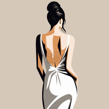 Vector fashion illustration, young sexy woman in an elegant backless dress. Back view.