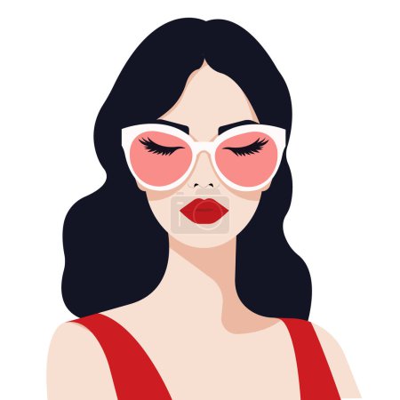Vector flat illustration, young naive girl with closed eyes wearing pink glasses. The concept of ideologism and illusory perception.