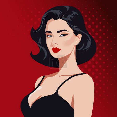 Illustration for Vector art portrait of a young sexy woman in a black top with bare shoulders and a deep neckline. - Royalty Free Image