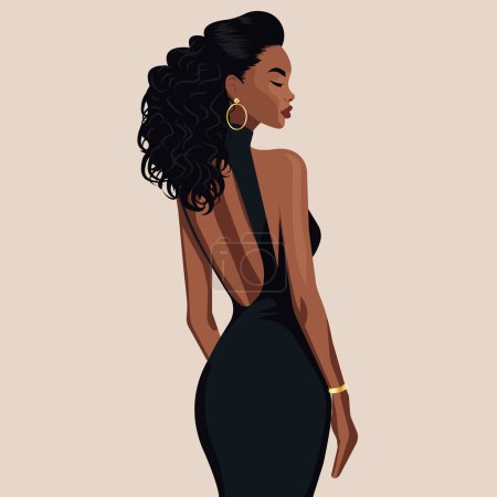 Ilustración de Ilustración de moda plana vectorial, mujer africana sexy en un vestido negro sin espalda elegante. Vista trasera. - Imagen libre de derechos
