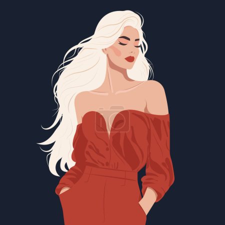 Téléchargez les illustrations : Illustration vectorielle de mode plate, jeune femme blonde aux cheveux longs dans une combinaison rouge élégante aux épaules nues. - en licence libre de droit