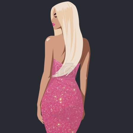Flat fashion illustration, young sexy blonde girl in a bright shiny pink backless dress with bare shoulders. Back view.. Adobe Illustrator style.