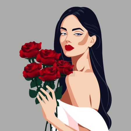 Illustration for Vector fashion faceless illustration of a beautiful sexy woman in a dress with bare shoulders with a bouquet of red roses. - Royalty Free Image