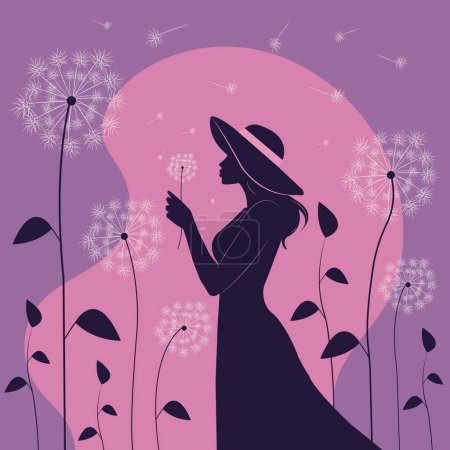 Illustration for Flat illustration of a beautiful woman in a hat blowing dandelions on a field. - Royalty Free Image