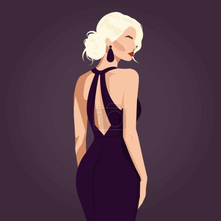 Ilustración de Ilustración de moda plana vectorial de una hermosa mujer rubia sexy en un elegante vestido sin espalda. Vista trasera. - Imagen libre de derechos