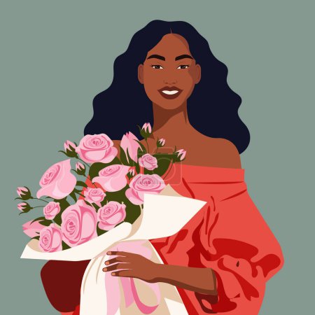 Ilustración de Ilustración plana vectorial de una hermosa mujer africana con un ramo de rosas. Plantilla de tarjeta de felicitación para el Día Internacional de la Mujer, cumpleaños y más. - Imagen libre de derechos