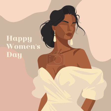 Illustration for Vector faceless illustration of a beautiful young woman for International Women's Day. Stylish greeting card template in delicate pastel colors. - Royalty Free Image