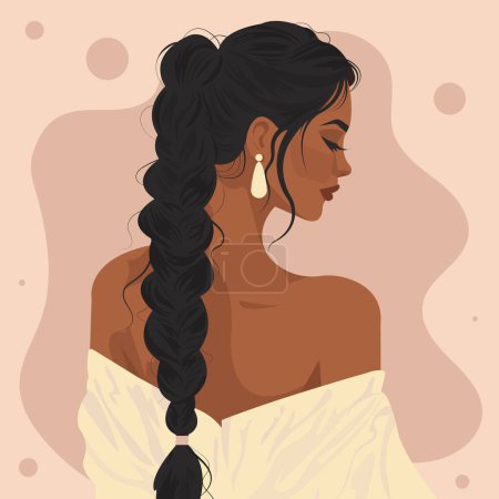 Ilustración de Ilustración plana vectorial de una hermosa mujer africana con el pelo trenzado, con un vestido con hombros desnudos. Vista trasera. - Imagen libre de derechos
